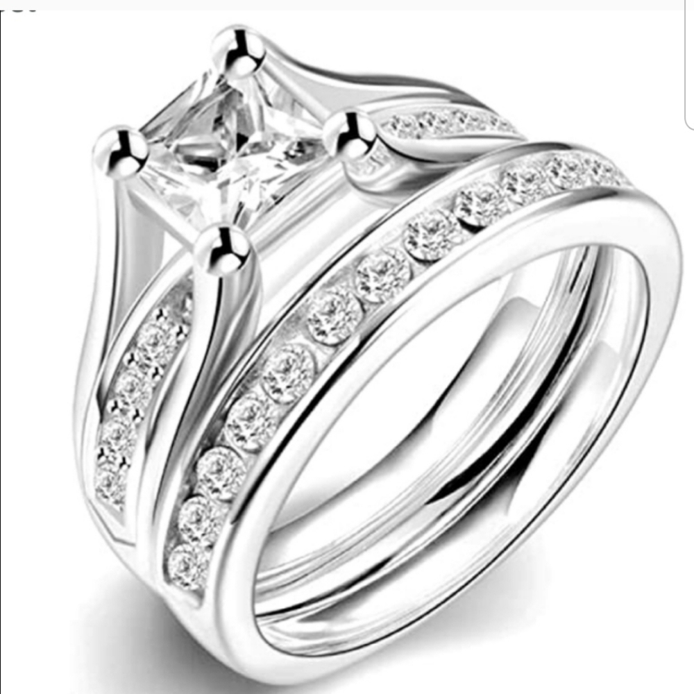 SALE! Sterling Silver 2 Carat Princess Cut Wedding Rings - Picture 1 of 7